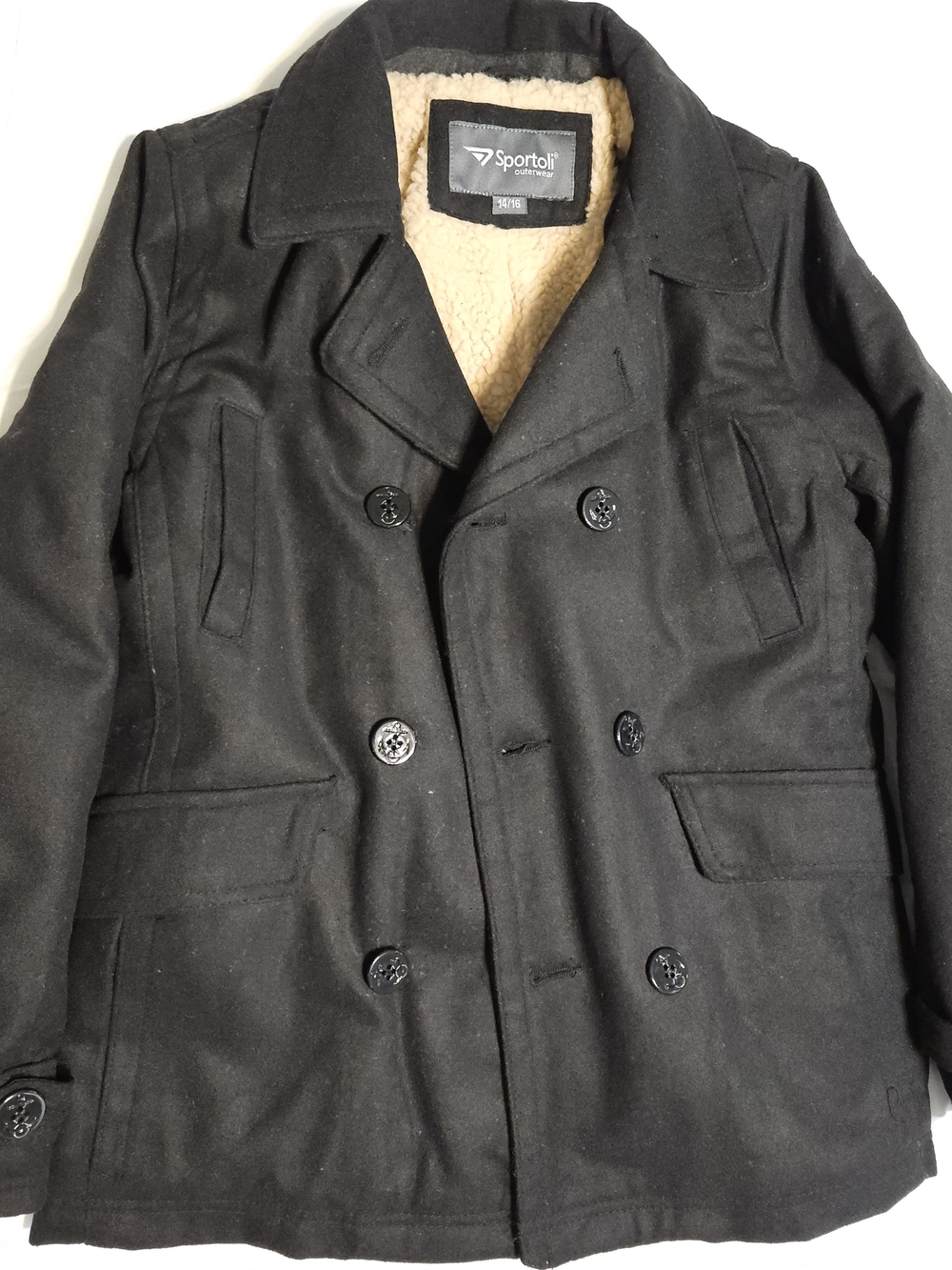 Sportoli Black Double-Breasted Wool-Blend Peacoat with Sherpa Collar 14/16